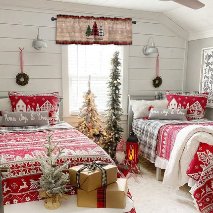 Merry Christmas Tree Valances Windows Curtain Farm Xmas Tree Kitchen Valances Rod Pocket Snowflake Red Black Buffalo Plaid Check Short Topper Curtains Winter Holiday Christmas Decor 1 Panel,54x18in
