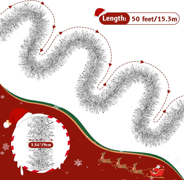 50 Feet Christmas Garland, Non-lit Soft for Indoor Decor or Outdoor Use, Premium Quality, for Party Decorations, Stairs, Railing, Closets, Windows, Birthday Party (Silver)