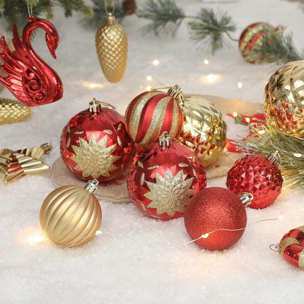 128pcs Christmas Balls Ornaments Set, Shatterproof Plastic Baubles Christmas Flowers, Ribbon and Tree Topper for Xmas Tree Holiday Wedding Party Decorations with Hanging Strings, Red and Gold