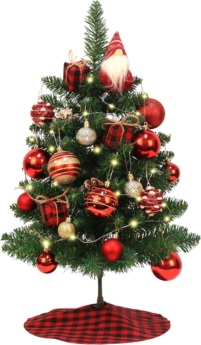 Mini Christmas Tree, 2ft Artificial Small Tabletop Christmas Tree, Table Top Christmas Tree with Gnome, Ball Ornaments and Buffalo Plaid Tree Skirt DIY Xmas Tree