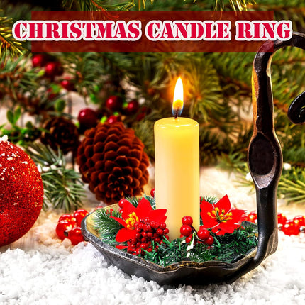 Set of 8 Christmas Candle Rings Christmas Wreaths Berry Pinecone Red Poinsettia Candle Wreaths Rings Mini Christmas Candleholders Xmas Wreath Candle Holder for Christmas Centerpiece(Stylish)