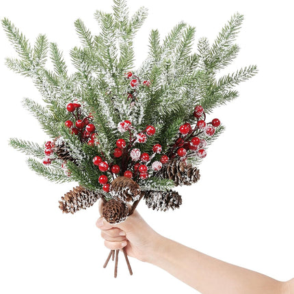 Topotdor 4 Pack Christmas Floral Pine Picks Artificial Red Berry Stems 16.5" Snowy Christmas Pine Branches w/Pinecones for Xmas Tree Floral Arrangement DIY Craft Holiday Table Centerpieces