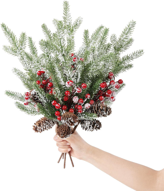 Topotdor 4 Pack Christmas Floral Pine Picks Artificial Red Berry Stems 16.5" Snowy Christmas Pine Branches w/Pinecones for Xmas Tree Floral Arrangement DIY Craft Holiday Table Centerpieces