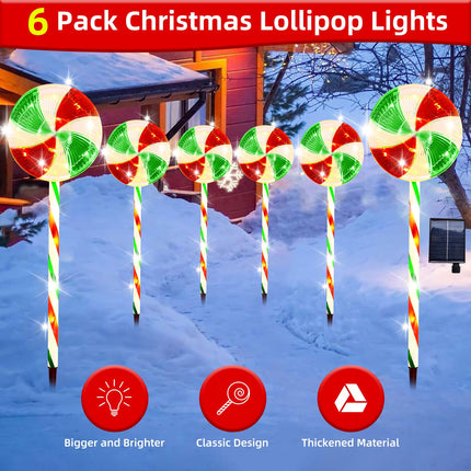 QINER Christmas Lollipop Pathway Light, 6 Pcs 28 Inch Solar Lollipop Lights, 1200 mAH Pathway Markers Lights with 8 Lighting Modes for Walkway, Yards, Pathways, Patios, Lawns Candy Cane Lights