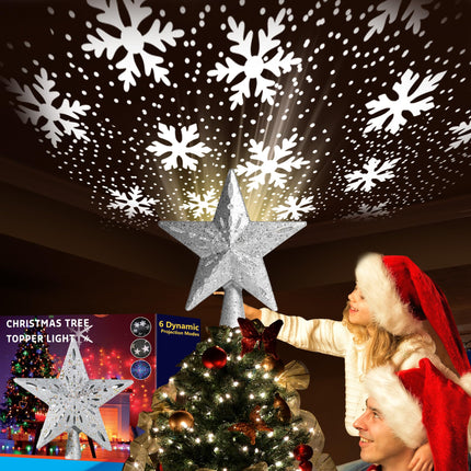 Christmas Tree Topper Lighted with 360° Rotating Projection - [6 Festive Patterns, Adjustable Projection Range] Christmas Star Tree Topper with Snowflakes Reindeer for Party Holiday Decor - Silver