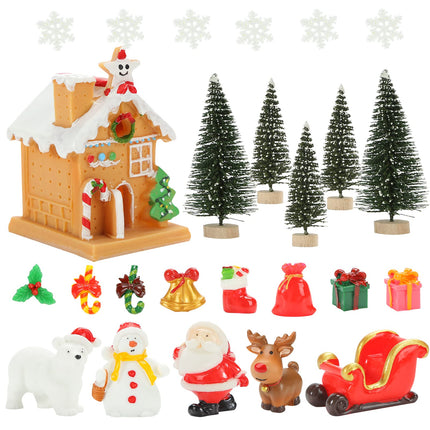 LovesTown Christmas Miniature Figurines for Crafts, 25 PCS Christmas Miniature Ornaments Kit Snowman Christmas Fairy Resin Ornaments Pine Tree for Christmas Garden