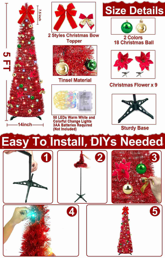 [ Timer ] 5 Ft Pop Up Christmas Tinsel Tree, Red Collapsible Christmas Tree with 50 LED Color Light 18 DIY Ball Ornaments Bowknot Boxes Battery Operated Pencil Xmas Tree Decor Indoor Home