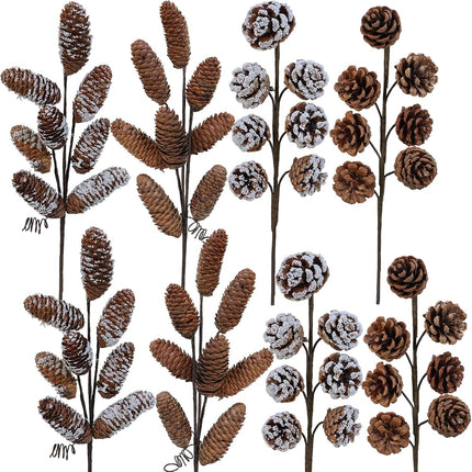 Winlyn 8 Pcs Snowy Natural Pinecone Picks Sprays Christmas Picks Spruce Pine Cones Branches Ornaments 14" Tall for Christmas Tree Rustic Floral Arrangements Wreath Holiday Centerpiece Winter Décor