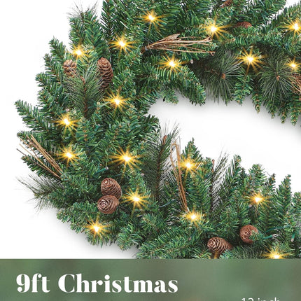 9FT Christmas Garland with Pine Cones, Prelit Christmas Garland Greenery Outdoor Lighted Pine Garland, Mantle Garland Christmas Holiday Decoration Indoor