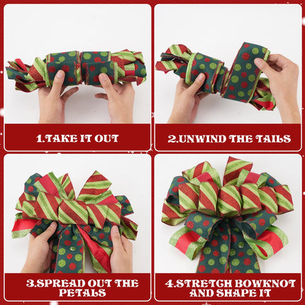 Christmas Tree Topper 45" 13" Red Green Dot Bow Handmade Large Christmas Bow Tree Topper, 44"x13" Wreath Bow for Xmas Holiday Home Wedding Indoor/Outdoor Decoration