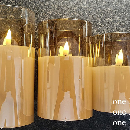 Eywamage Gold Glass Flameless Pillar Candles with Remote, Flickering Battery Operated Christmas LED Candles Set of 3
