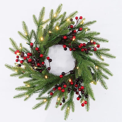 Pre-Lit Christmas Wreath 20 Inches Small Battery Operated Timer Lighted Artificial Pine Berries Xmas Decorations for Christmas Festival Celebration Front Door Wall Window Party Decor