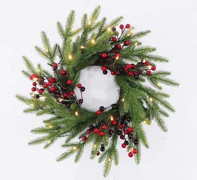 Pre-Lit Christmas Wreath 20 Inches Small Battery Operated Timer Lighted Artificial Pine Berries Xmas Decorations for Christmas Festival Celebration Front Door Wall Window Party Decor