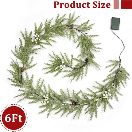6Ft 20LED Christmas Garland with Lights Timer, Cedar Garland Snowy Christmas Garland Juniper Greenery Pine Garland Christmas Decorations with Pinecones Berried Christmas Garland for Mantle Table Home