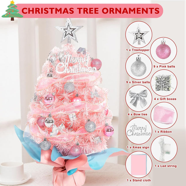 Small Mini Pink Christmas Tree with Light, 24 Inch/2Ft Tabletop Miniature Christmas Tree with Hanging Ornaments, Battery Operated Artificial Xmas Tree for Desk Christmas Home Party Decor