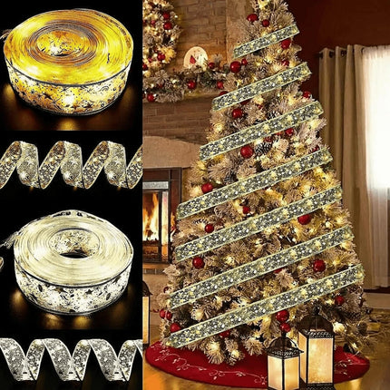 Christmas Tree Ribbon Decorations Golden Lights with 50 LED Lights Battery Operated Fairy Lights for Year's & Weddings Parties 17 FT (Warm)