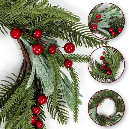 Christmas Wreath for Front Door, 13.78'' Christmas Candle Ring Wreath with Mistletoe Leaves,Berry and Pine Branch for Xmas Table Fireplaces Centerpiece Porch Wall Window Home Decor (1, Red)