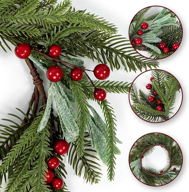 Christmas Wreath for Front Door, 13.78'' Christmas Candle Ring Wreath with Mistletoe Leaves,Berry and Pine Branch for Xmas Table Fireplaces Centerpiece Porch Wall Window Home Decor (1, Red)