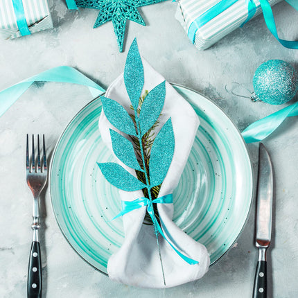 Winlyn 40 Pcs Teal Glitter Bay Leaf Sprays Artificial Christmas Tree Picks Sprays 12.7" Tall for Teal Christmas Tree Winter Wreath Swag Floral Arrangement Vase Wedding Bouquet Centerpiece Decoration