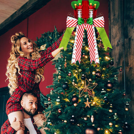 Christmas Tree Topper Hat, Elf Legs Xmas Tree Toppers Large Red Velvet Hat with Lengthened Bowknot, Christmas Tree Ornaments for Christmas Holiday Home Decoration