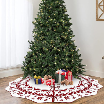 Christmas Tree Skirt 60 Inch, Double-sided Knit Red Tree Skirt with Snowflakes Patterns Large Knitted Xmas Tree Skirt Rustic Tree Skirt for Christmas Trees Party Holiday Christmas Decorations