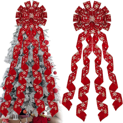 Riceshoot Extra Long Christmas Tree Topper 13 x 53 Inch Large Red Ribbon Topper Bow for Wreath White Snowflake Burlap Bow for Christmas Xmas Tree Decoration Front Door Home Holiday Decor(Christmas)