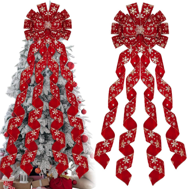 Riceshoot Extra Long Christmas Tree Topper 13 x 53 Inch Large Red Ribbon Topper Bow for Wreath White Snowflake Burlap Bow for Christmas Xmas Tree Decoration Front Door Home Holiday Decor(Christmas)