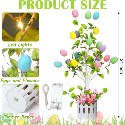 24" Pre Lighted Easter Egg Tree Tabletop Decoration with LED Light Indoor Glow Easter Egg Tree Table Decor for Home Party Wedding Holiday Spring Decoration Easter Party