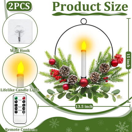 TURNMEON 2 Pack 15'' Christmas Wreaths for Front Door with LED Candles Timer Remote & Xmas Ball Pinecones Red Berries Decor, Battery Operated Lighted Xmas Wreath Decorations for Window Porch Holiday