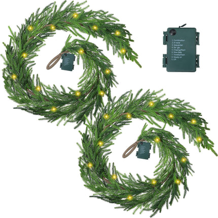 Real Touch Norfolk Pine Garland Faux Christmas Garland Pre Lit Artificial Pine Greenery Garlands with Warm White LED Lights for Xmas Holiday Wedding Party Outdoor Decorations (6 Feet, 2)