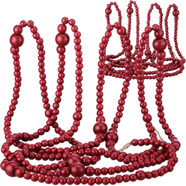 2 Pcs 24 Feet Christmas Wooden Bead Garland Xmas Farmhouse Beads Christmas Tree Farmhouse Decor Rustic Boho Garland Vintage Boho Decorations for Christmas Decoration Supply (Red)