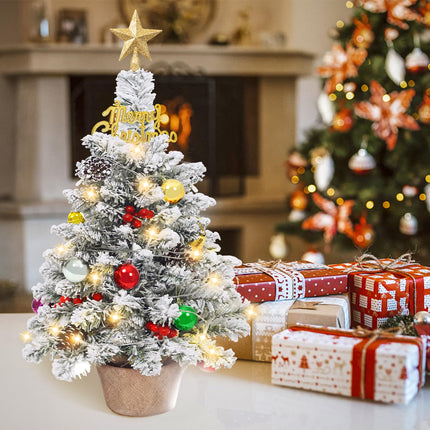 24 in Tabletop Mini Christmas Tree Set, Small Snow Flocked Prelit Christmas Tree with Warm LED Lights, Star Treetopper, Plastic Pine Cones, Berrys and Hanging Ornaments for DIY Christmas Decorations