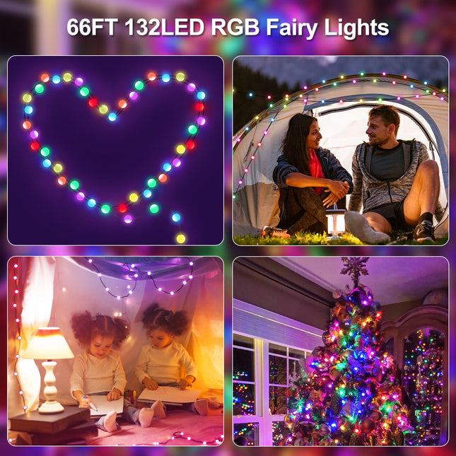 REYLAX USB Fairy Lights Plug in, 66ft 132 LEDs Twinkle String Lights, Dimmable Globe String Lights, Music Sync, Multicolor Christmas Lights Decor Indoor Outdoor, Timer, Work with APP & Remote Control