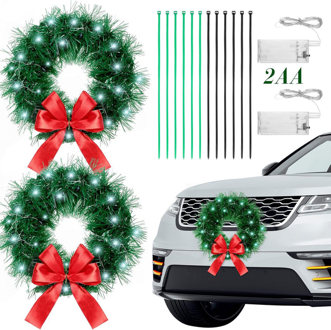 2 Pieces 13 Inch Car Christmas Wreath with 20 Small White Light Christmas Car Decoration with Red Bow Christmas Wreath for Car with Battery Case for Car, Suv Winter Christmas Decorations