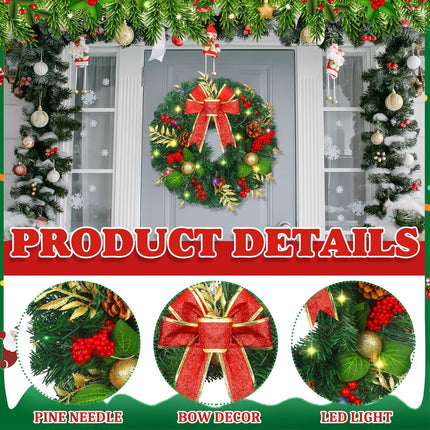 3Pcs Christmas Wreath 14 Inch LED Prelit Artificial Christmas Wreaths for Front Door 60 Lights Timer Battery Operated with Red Berries Bow Pine Cones Cypress Leaves Ball Glitter Xmas Decor