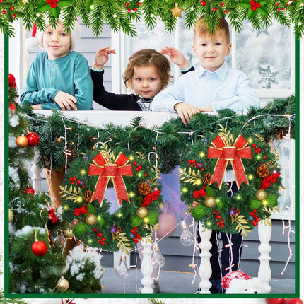 3Pcs Christmas Wreath 14 Inch LED Prelit Artificial Christmas Wreaths for Front Door 60 Lights Timer Battery Operated with Red Berries Bow Pine Cones Cypress Leaves Ball Glitter Xmas Decor