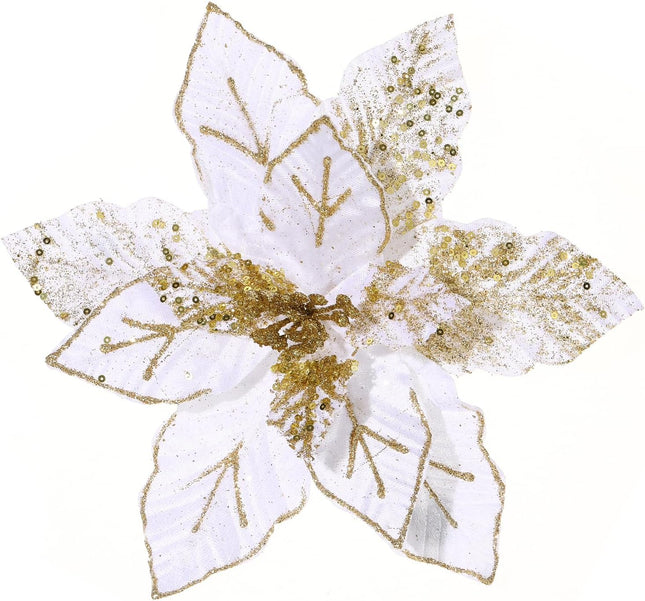 GL-Turelifes 10.7’’ Large Glitter Christmas Flowers 6 Pcs Artificial Poinsettia Flower Ornaments Fold Floral for Christmas Tree Decorations Xmas Tree Year Party Wedding Centerpiece (White)