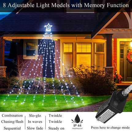 Outdoor Christmas Decoration Star String Lights,320 LED 16.4ft Christmas Lights Waterfall Tree Lights with 13" Topper Star,Plug-in Hanging Fairy Lights for Xmas Year Holiday Party