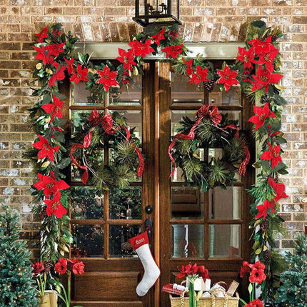 Christmas Garland, Poinsettia Christmas Flowers Decorations Garland, Artificial Flowers Garland with Red Berries Holly Leaves, Christmas Tree Decor Xmas Party Fireplace Wall Garden Decor, Pack of 2