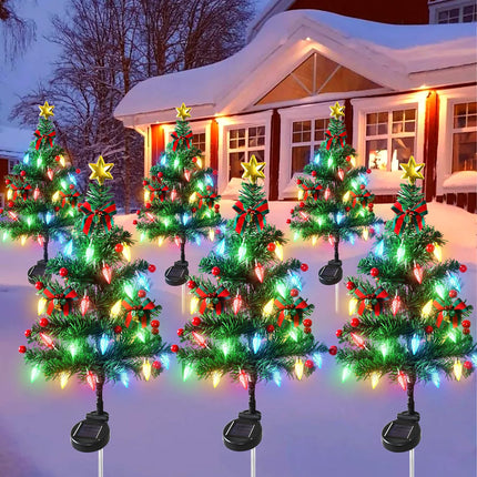Dremisland 6Pack Solar Christmas Tree with 120LED Lights Outdoor Christmas Decorations Waterproof Solar Christmas Trees with Red Berry for Outside Pathway Garden Yard Holiday Decor