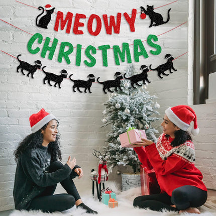 Glittery Meowy Christmas Banner Cat Themed Christmas Party Banner Decorations for Wall Fireplace Party Decor Supplies