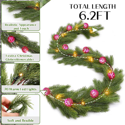 Ceenna 6.2FT Pre Lit Christmas Cedar Garland with Lights Artificial Pine Garland Christmas Decorations with Ball Ornaments,8 Modes Timer Battery Operated for Outdoor Indoor(Rose Red)