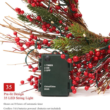 Pre-Lit Christmas Wreath 20 Inches Small Light Timer Artificial Pine Berries Xmas Decorations for Front Door Holiday Fireplace Wall Window Decor