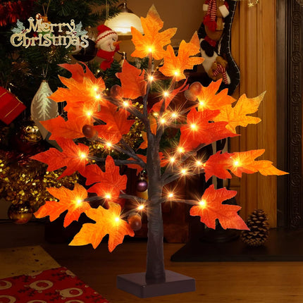Remon 2Pack Artificial Fall Lighted Maple Tree - 1.5FT 36 LED Thanksgiving Decor Lights, Battery Operated Tabletop Lamp with 6 Acorns, 6-Hours Timer, for Wedding Party Indoor Outdoor Autumn Decor…
