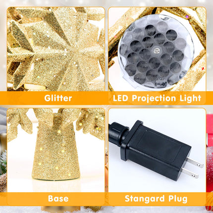 Christmas Tree Topper Lighted, Rotating Snowflake Pattern Projector, 3D Hollow Glitter Lighted Snow Tree Topper for Xmas Party Holiday Christmas Tree Decorations(Gold Snow)
