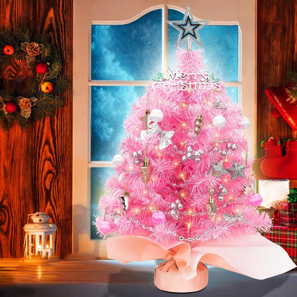 24 Inch Tabletop Mini Christmas Tree, Pre-lit Small Pink Christmas Tree with Warm Lights and Ornaments, 2 FT Artificial Tree Christmas Decorations Indoor Home