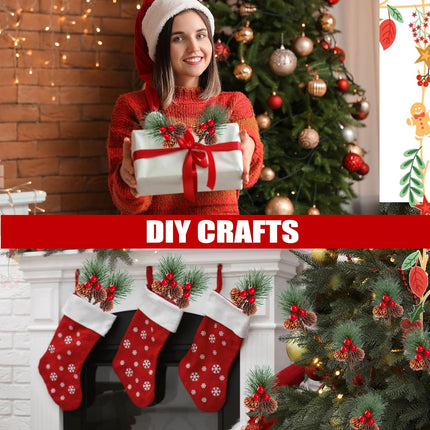 Sggvecsy 20 Pack Christmas Fake Pine Needles Artificial Berries Pine Picks Red Berry Pine Branches Faux Pine Stem with Pine Cones for Xmas Tree Wreath DIY Craft Floral Arrangement Holiday Decor(Red)