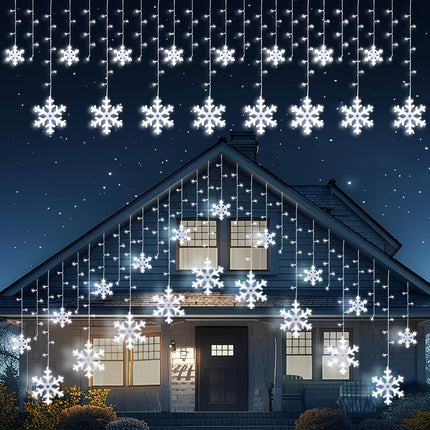 Brightown Snowflake Lights, 20Ft 228 LED Icicle Lights for Outside with 24 Drops, Connectable Curtain Christmas String Lights for Indoor Outdoor House Eaves Window Porch Tree, Pure White