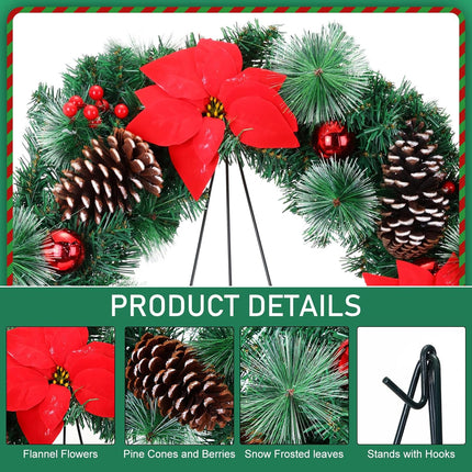 Dingion 4 Pcs 24" Christmas Cemetery Wreath with Easel Stand Gravestone Red Poinsettia Bouquet with Vase Christmas Artificial Memorial Gravestone Wreath Stand Headstone Wreath Outdoor Decoration
