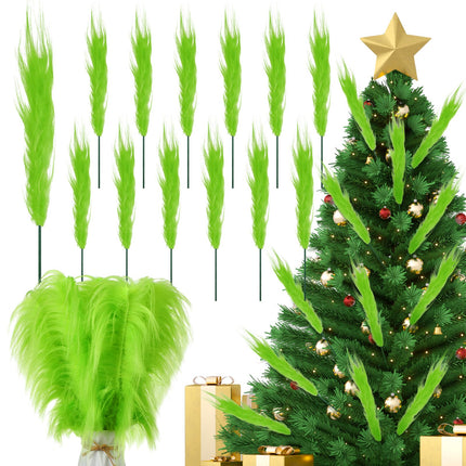 Civaner 12 Pcs Green Christmas Tree Topper 14'' Green Furry Stems Lime Green Curly Picks Stems Christmas Ornaments Picks for Xmas Tree Topper Home Vase Fillers Decorations